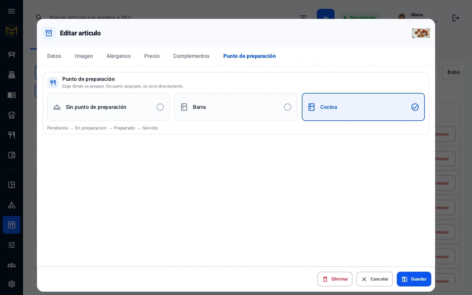 Asignación de punto y flujo de preparación por artículo