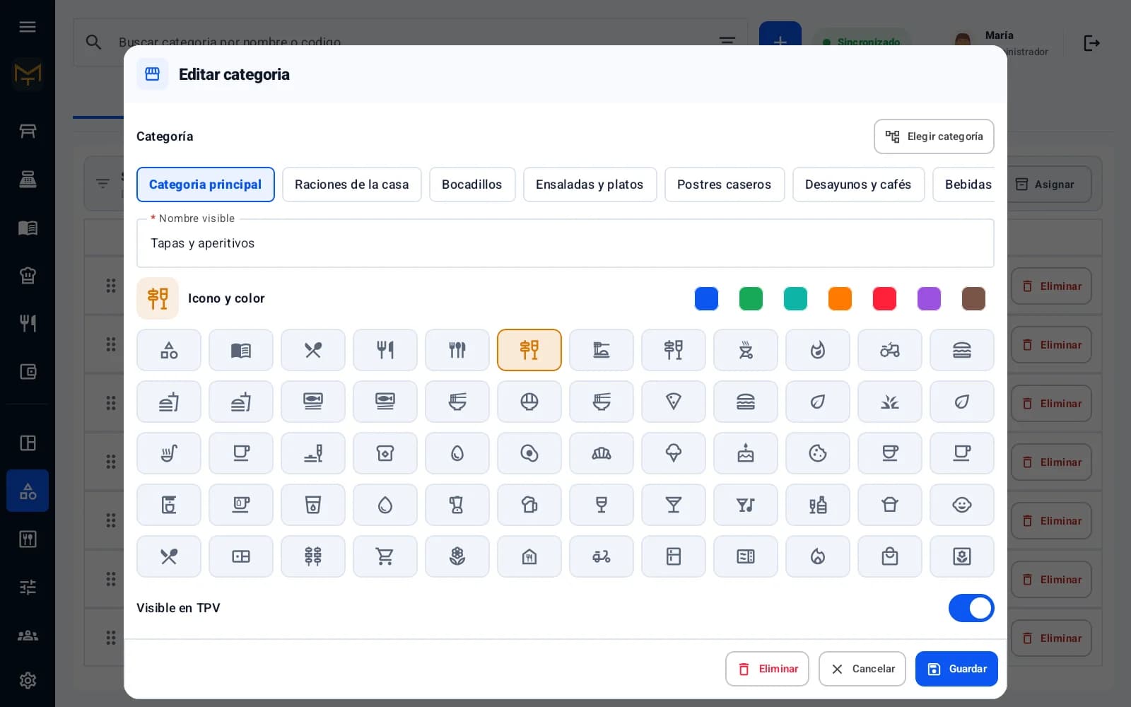 Editor de categoría con iconos y colores