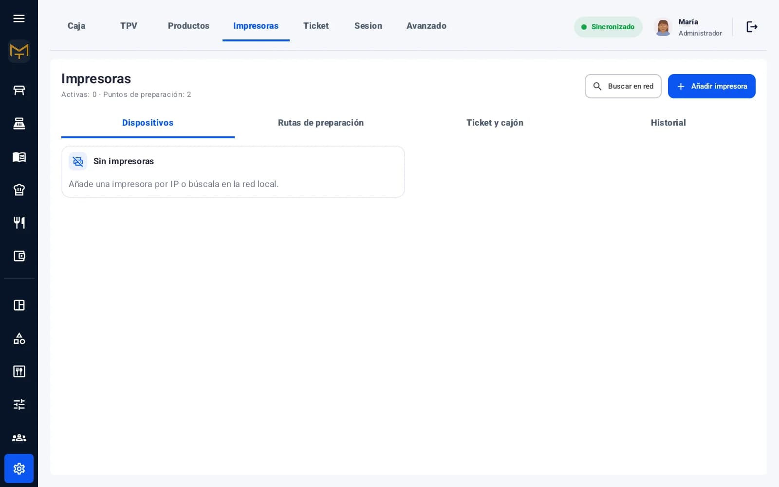 Configuración de impresoras con pestañas Dispositivos, Rutas de preparación, Ticket y cajón e Historial
