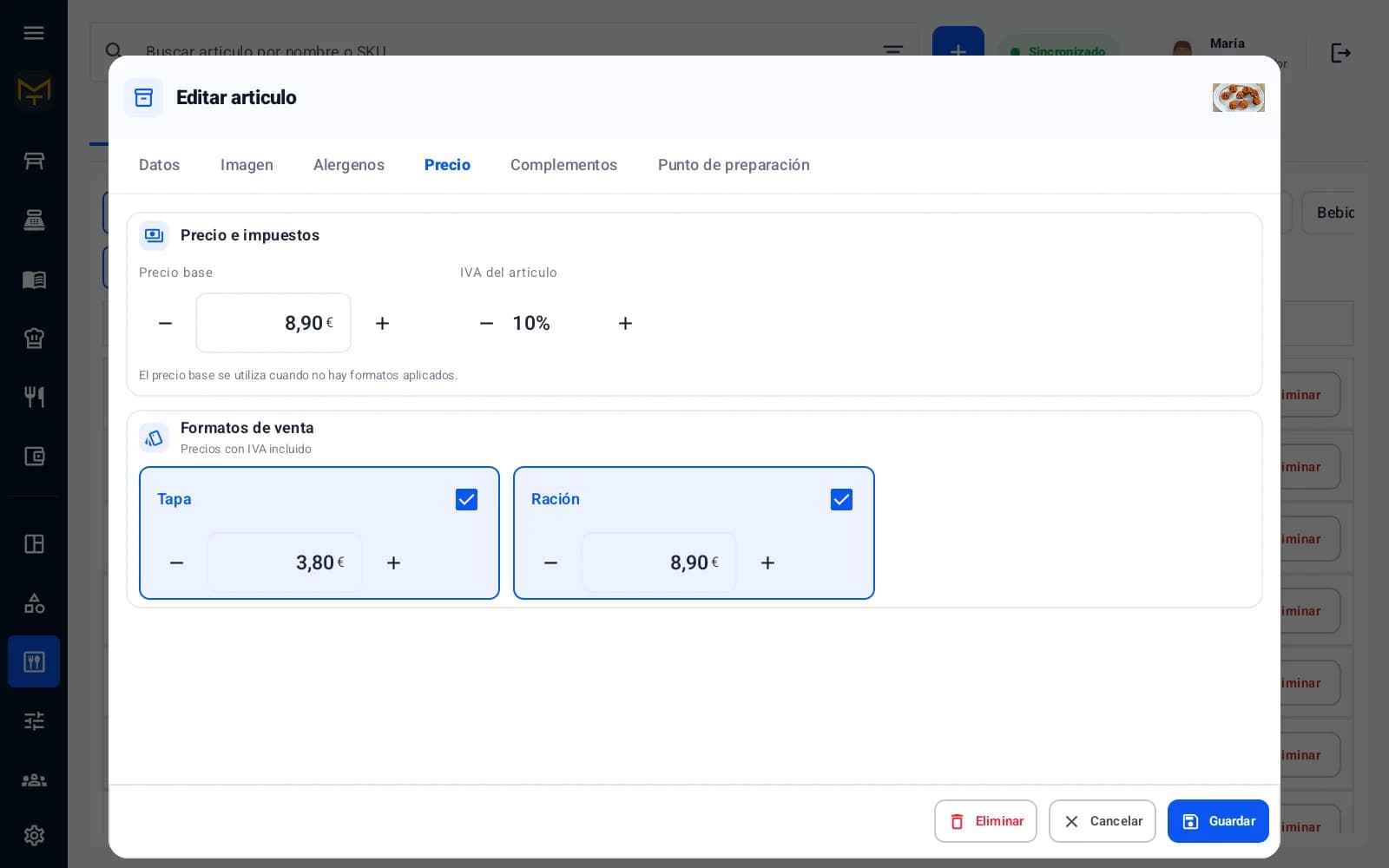 Precio base, IVA y precios por formato en el editor de artículo